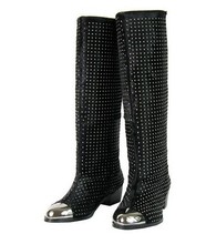 2014 fashion flat boots new arrival boots black horsehair rivet boots genuine leather women’s shoes