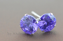 Real 925 Pure Sterling Silver Purple Simulated Diamond CZ Crystal Big Round Stud Earrings For Women