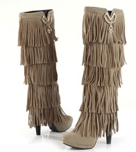 2014 new arrive tassel Women knee Motorcycle Boots PU leather fashion sexy high heel woman pumps Autumn winter boots for women