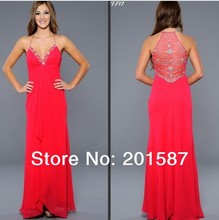 Sheer Spaghetti Strap Red Sexy Sheath Chiffon Crystal Evening Gowns Beads Dresses Party Backless A Line Modest Prom Dresses