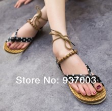 NEW 2014 Women Genuine leather Summer shoes Casual All match Bohemia Beaded Lacing Sandals Flats 008