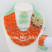 Fabulous Wedding African Beads Jewelry Set Charming Green Orange Nigerian Wedding Necklace Bracelet Earrings Set GS068