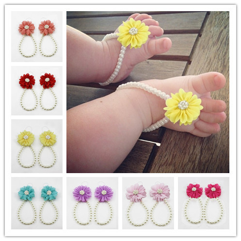 Baby sandals baby barefoot sandals with Shining pearl clasp for girl baby girl jewelry christening gift
