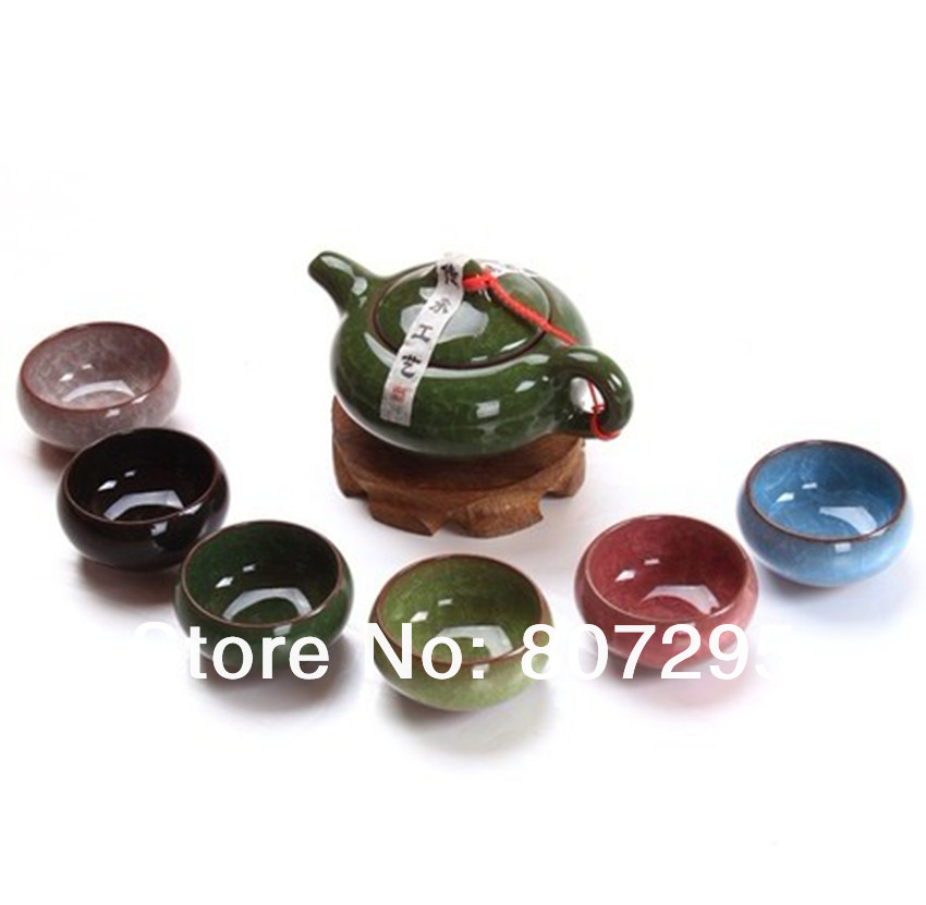 Free shipping ceramic crackle glaze tea set Kongfu tea set seven piece tea set multi color