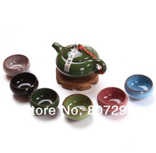Free shipping ceramic crackle glaze tea set Kongfu tea set seven-piece tea set, multi-color  with decal