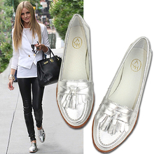 Comfortable leather Oxford shoes women flat shoes women shoes fashion retro tassel free shipping Silver Gold
