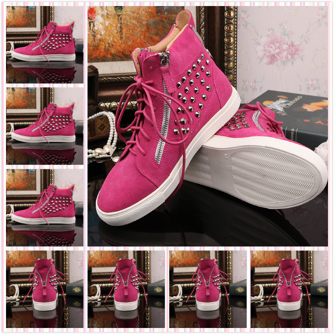 Fashion Pink Suede With Rivets Sneakers For Women Men Brand Double Zip Flat With High Top