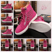 Fashion Pink Suede With Rivets Sneakers For Women Men Brand Double Zip Flat With High Top