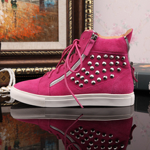 Fashion Pink Suede With Rivets Sneakers For Women Men Brand Double Zip Flat With High Top