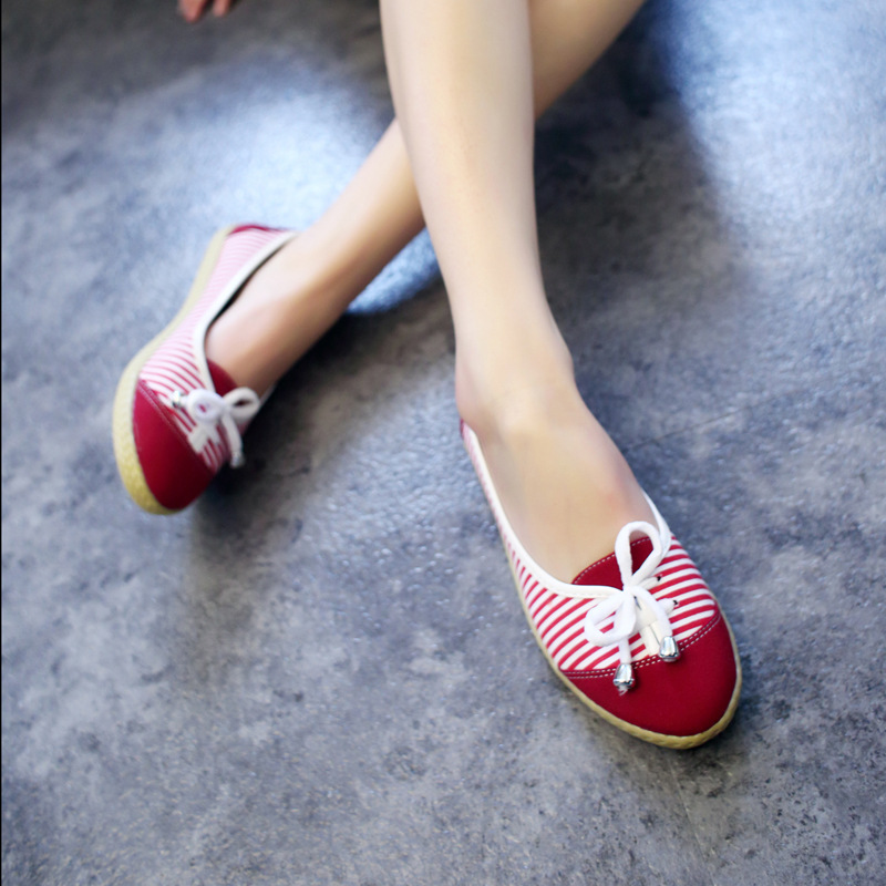 2014 Striped bow canvas casual shoes pedals Naval women flat shoes red and blue color free