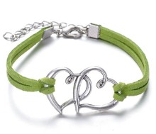 Wholesale – double heart  bracelets antique Love Heart Leather Bracelet Charm Wristbands
