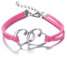 Wholesale double heart bracelets antique Love Heart Leather Bracelet Charm Wristbands