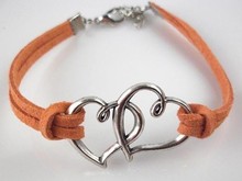 Wholesale double heart bracelets antique Love Heart Leather Bracelet Charm Wristbands