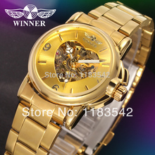 2014 Winner new Automatic Ladies fashion skeleton dress watch goldcolor withstainless steel bracelet free shipping