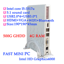 FAST MINI PC HDMI+VGA+bluetooth+WIFI THIN CLIENT MINI PCS intel I5-3317u  dual core 1.7GHz four channel 4G RAM 500G HDD