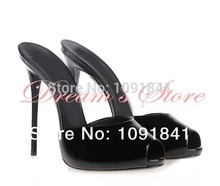 Free Shipping Balck pep toe patent leather high heel sandals