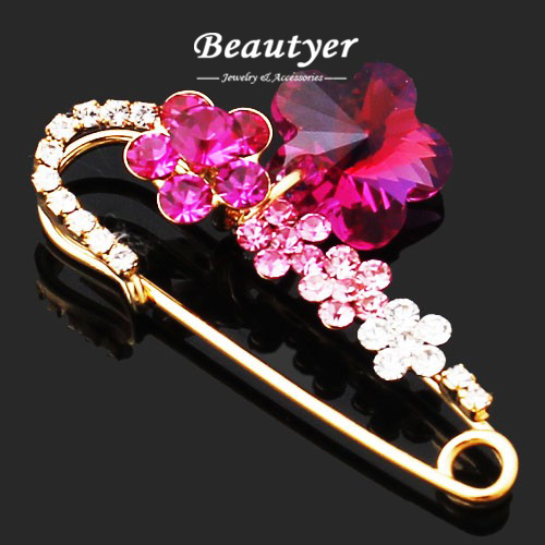 Fashion Ruby Flower Crystal Safety Pin Brooch Polished 18K Gold Plated Brooch Pin Wholesale Broach Accessories