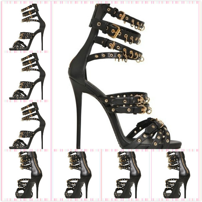 Free Shipping New Black Genuine Leather With Buckle Sandals For Women Brand Cross Strap High Heels