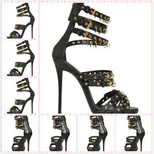 Free Shipping New Black Genuine Leather With Buckle Sandals For Women Brand Cross Strap High Heels