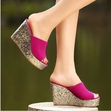 Summer sandals slope with thick crust muffin sexy sequined fish head waterproof sandals high with the