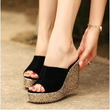 Summer sandals slope with thick crust muffin sexy sequined fish head waterproof sandals high with the