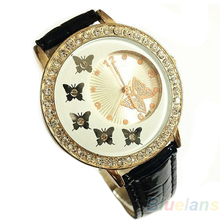 Fashion Women Crystal Rhinestone Butterfly Pattern Crystal PU Leather Band Quartz Wrist Watch Dress 03IQ