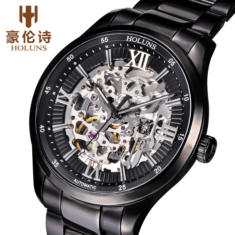 Hollow out military watches Full Black Steel watch fashion watch men mechanical hand wind watches men