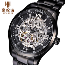 Hollow out military watches Full Black Steel watch fashion watch men mechanical hand wind watches men