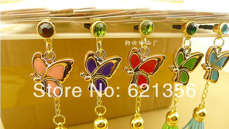 2014Hot Style Cute Butterfly Plugs Jewelry Dust Plug Mobile Phone Parts Crystal Accessories 20pcs lot Free