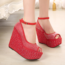 2014 New spring summer fish head high-heeled sandals high  Korean red wedding shoes  waterproof shoes with diamonds T0193