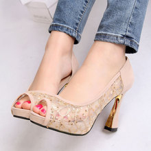 2014 new summer Rhinestone lace fish head waterproof high-heeled wedding shoes Roman sandals summer fashion women shoes T0195
