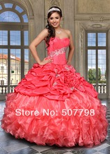 2014 Strapless Sleeveless Peach Formal Full Length Quinceanera Dress Taffeta Organza Prom Gown