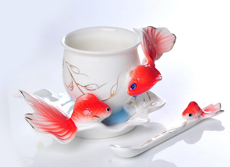 3Pcs Red Fish Franz Porcelain Coffee set Cup saucer and Spoon