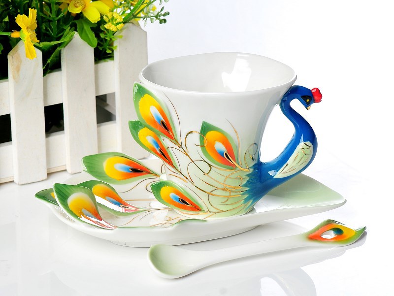 Stock 3Pcs Peacock Franz Porcelain Coffee and Tea set Cup saucer Spoon