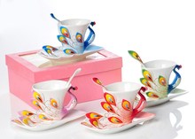 Stock 3Pcs Peacock Franz Porcelain Coffee and Tea set Cup saucer Spoon