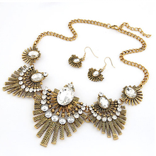 Summer 2014 new design fashion style metal shining gem feather Rhinestone necklace choker earrings suit jewelry gold/silver