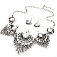 Summer 2014 new design fashion style metal shining gem feather Rhinestone necklace choker earrings suit jewelry