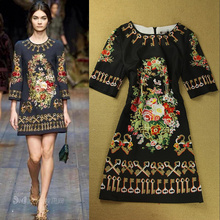 2014 Newest Runway Fashion Flowers and Keys Print Vintage Dress Elegant Mother's Dresses Free Shipping F16037