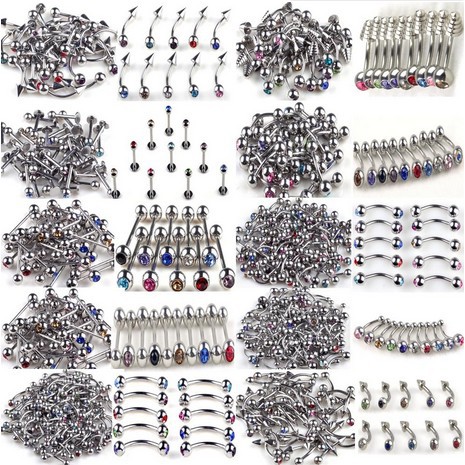 100pcs 10styles Wholesale Body Jewelry Mix Lots Belly Tongue Lip Crystal Piercings Stainless Steel free shipping