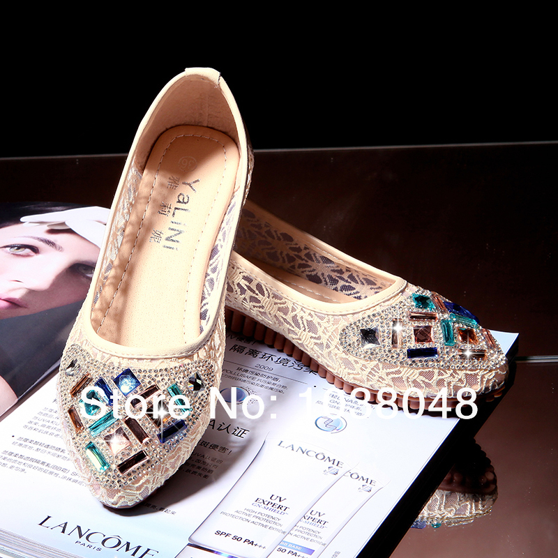 New arrival Women Genuine Leather Shoes 2014 summer Leather Liner Single Shoes Ladies Elegant Rhinestone Flats