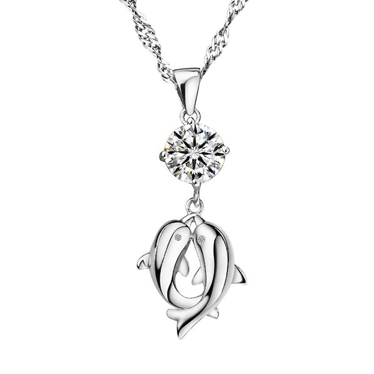 Hot sale Double Dolphin Necklace Pendent Love Symbol 925 Sterling Silver Austria Crystal Cute Elegant Fashion
