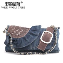 Tribal denim bag the wolf rhinestones small bag nubuck leather one shoulder cross-body women’s handbag