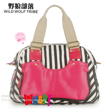 The wolf 2013 black and white stripes tribal canvas one shoulder double sided women’s handbag 5037