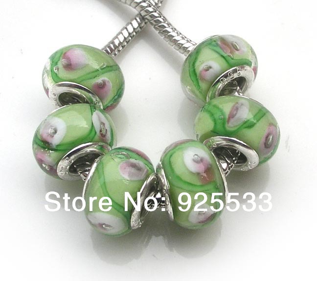 Light Green Catseye Glass 14mm Silver Large 4.5mm Hole European Charm Beads 2 pc