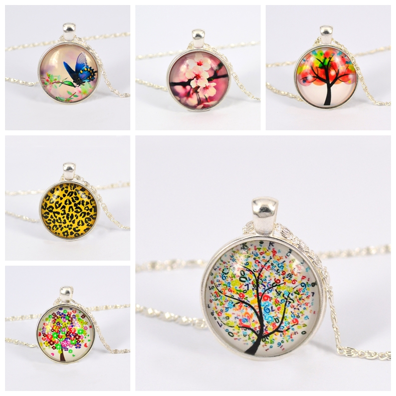 1pcs Sliver Tone Alloy pendant silvering Flowers butterflies life tree Necklace Friendship Gift Cabochon jewelry