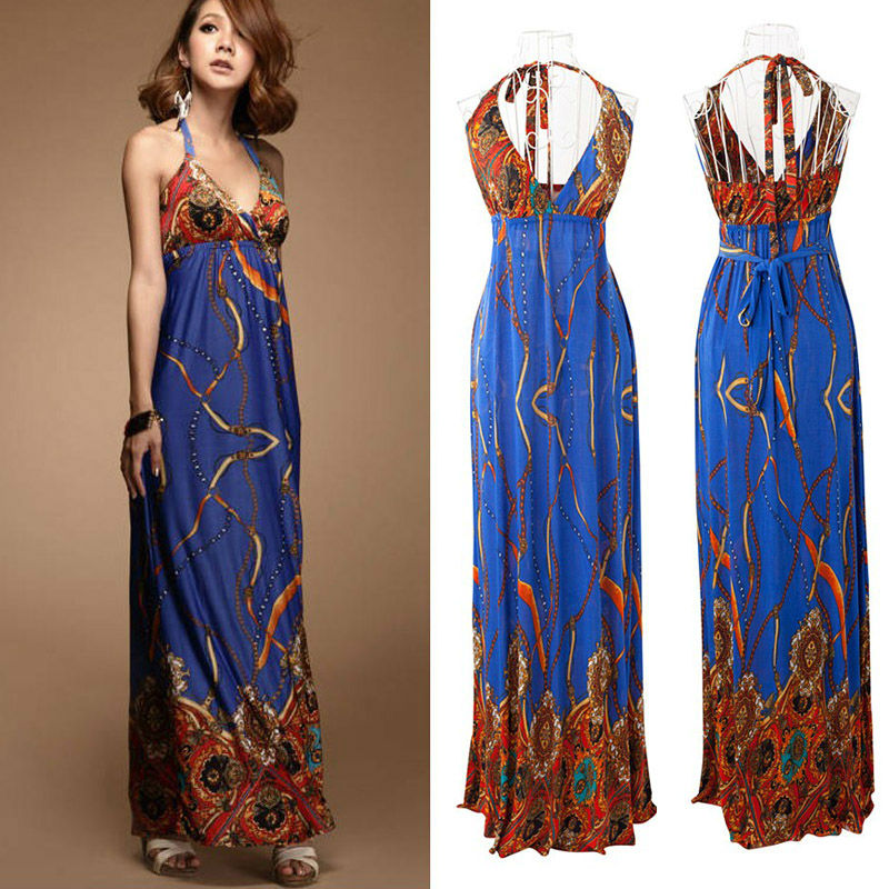 Dresses Lady fashion V-neck evening dress woman Sexy Blue Boho Hippie ...