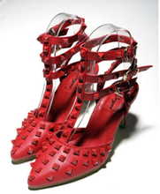2014 spring fashion v rivet high heeled shoes pointed toe rivet female sandals thin heels women