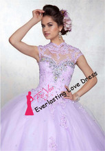 Stand Collar See Through Applique Lace Cutout Open Back Beading Ball Sweet Sixteen Dresses Engagement Quinceanera