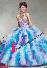 Sweetheart Exposed Boning Sequin Beading Ruffled Organza Colorful Ball Sweet Sixteen Dresses Engagement Quinceanera Dress 2014