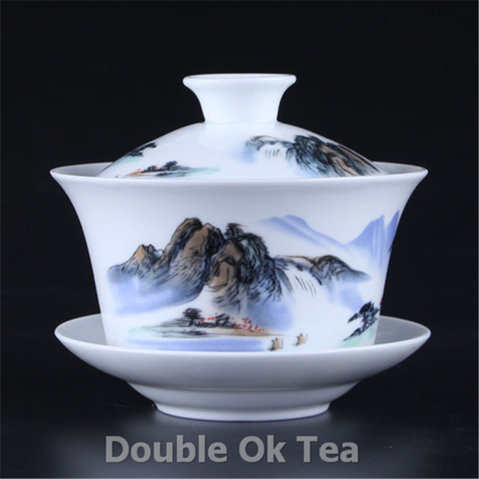 Creative Landscape Painting Ceramic Gaiwan 200ml Chinese Blue And White Tea Cup Porcelain Kung Fu Tea